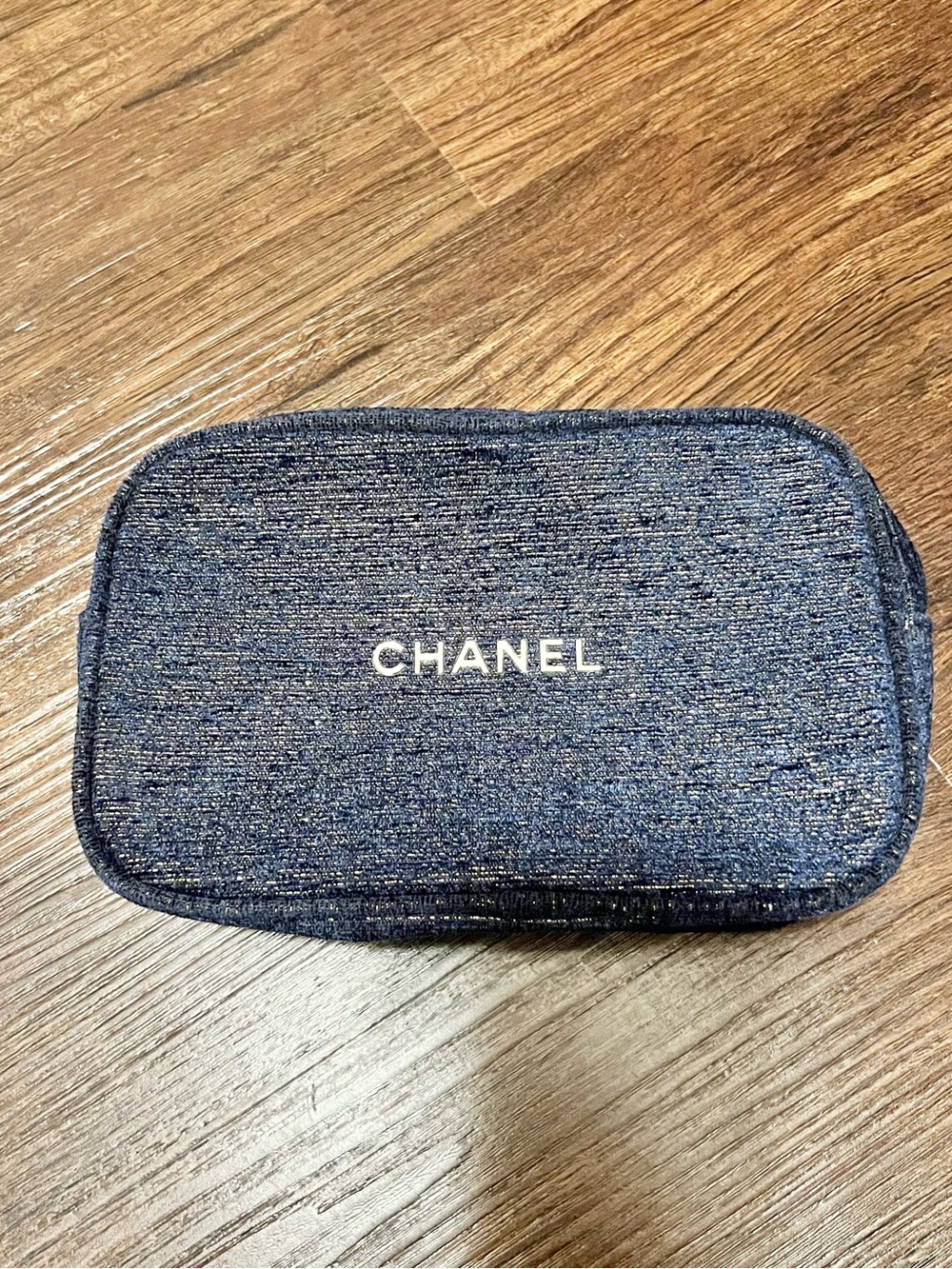 CHANEL Navy Metallic Thread Zip Pouch